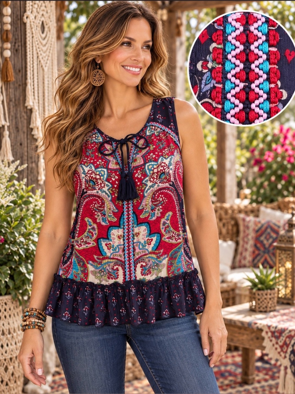 BILA designs red print Boho patchwork top